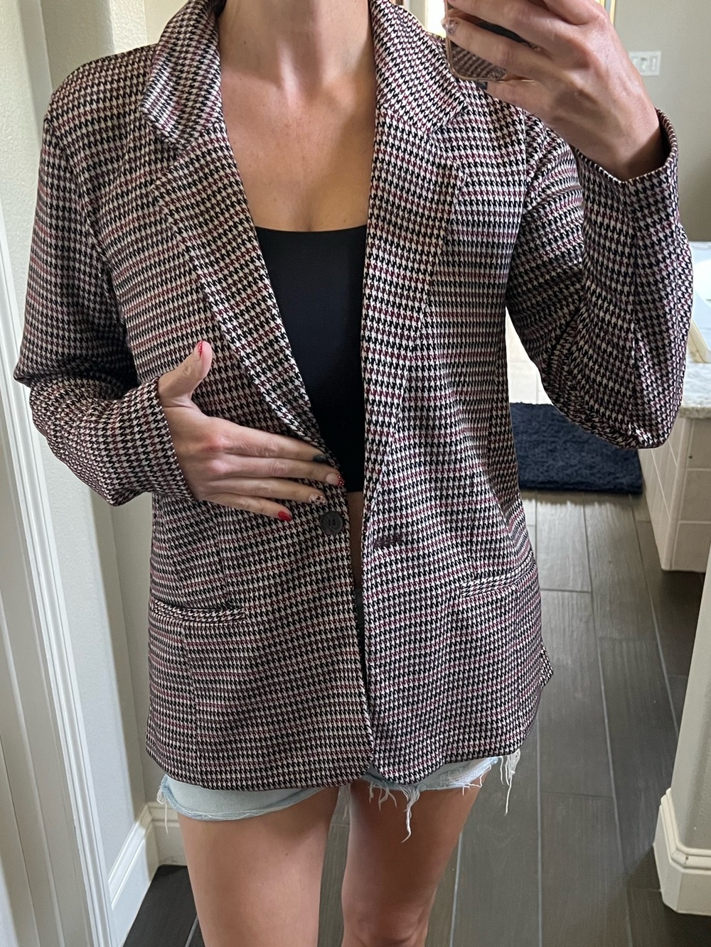 Women's Houndstooth Knit Blazer Jacket - Black, Brown, Cream & Burgundy - Picture 2 of 10
